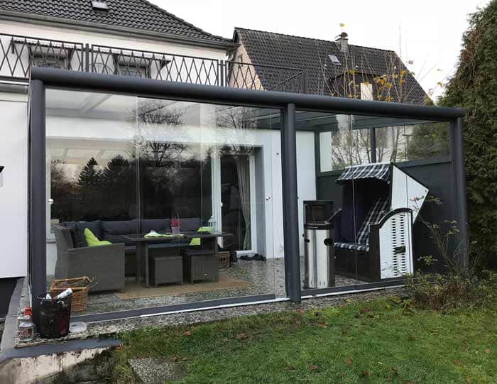 Alu Kalt-Wintergarten Ratingen, Sommergarten mit ESG- Glas, Aluminium Hilden Ral9010 von der Seite